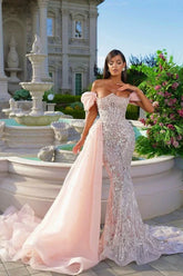 Pink Mermaid Prom Dress Off the Shoulder Beaded Evening Dress