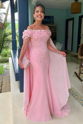 Pink Mermaid Prom Dress Off the Shoulder Evening Dress With 3D Flowers