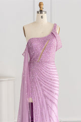 Pink Mermaid Prom Dress One Shoulder Sequined Evening Dress