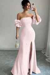 Pink Mermaid Prom Dress Short Sleeve Strapless Beaded Evening Dress