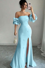 Pink Mermaid Prom Dress Short Sleeve Strapless Beaded Evening Dress