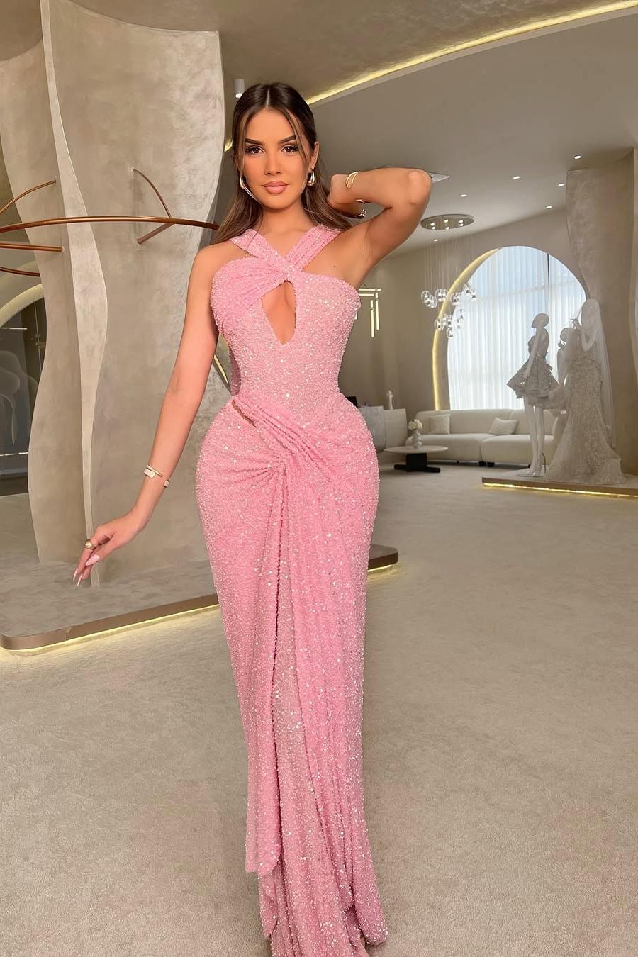 Pink Mermaid Prom Dress Sleeveless Halter Neck Sequined Evening Dress