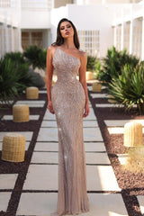 Pink Mermaid Prom Dress Sleeveless One Shoulder Beaded Evening Dress