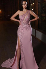 Pink Mermaid Prom Dress Sleeveless One Shoulder Sequined Evening Dress