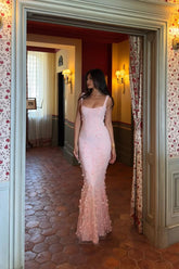 Pink Mermaid Prom Dress Sleeveless Scoop Neck Evening Dress With 3D Flowers