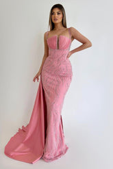 Pink Mermaid Prom Dress Sleeveless Spaghetti Straps Beaded Evening Dress