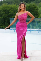 Pink Mermaid Prom Dress Sleeveless Strapless Beaded Evening Dress