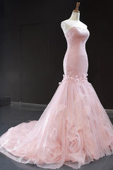 Pink Mermaid Prom Dress Sleeveless Sweetheart Evening Dress With 3D Flowers