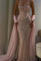 Pink Mermaid Prom Dress Strapless Beaded Evening Dress