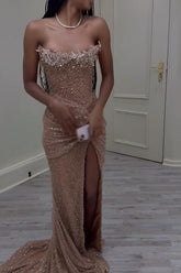 Pink Mermaid Prom Dress Strapless Sequined Sleeveless Evening Dress