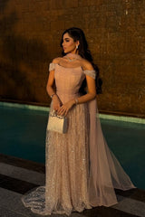 Pink Off The Shoulder Beaded Evening Dress Sequined Tulle A Line Prom Formal Dress