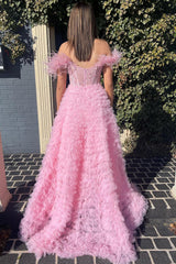 Pink Off the Shoulder Corset A-Line Prom Dress with Beadings