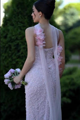 Pink Pearl Mermaid Prom Dress with Tulle Flower Streamers