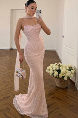 Pink Pearl Mermaid Prom Dress with Tulle Flower Streamers