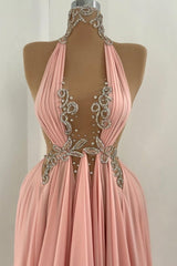 Pink Prom Dress A Line Halter High Neck Beaded Sleeveless Floor Length Chiffon Formal Dress With Rhinestone