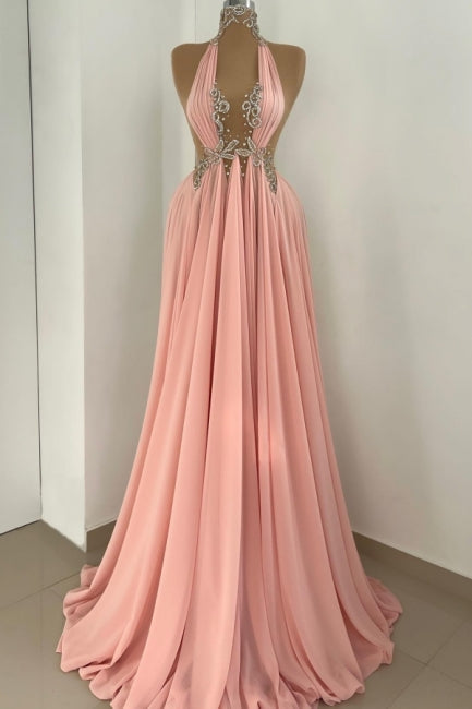 Pink Prom Dress A Line Halter High Neck Beaded Sleeveless Floor Length Chiffon Formal Dress With Rhinestone