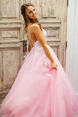 Pink Prom Dress A Line Lace Tulle Backless Long Formal Dress