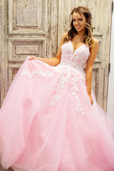 Pink Prom Dress A Line Lace Tulle Backless Long Formal Dress