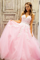 Pink Prom Dress A Line Lace Tulle Backless Long Formal Dress
