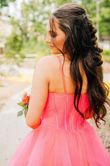 Pink Prom Dress A Line Spaghetti Straps Corset Tulle Long Evening Dress