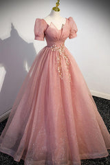 Pink Prom Dress A Line Tulle Sequin Lace Long Formal Evening Dress