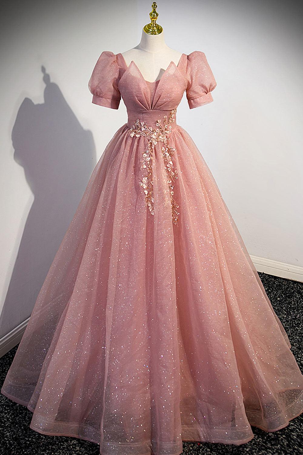 Pink Prom Dress A Line Tulle Sequin Lace Long Formal Evening Dress