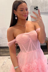 Pink Prom Dress Corset Off the Shoulder Long Evening Dress with Ruffles