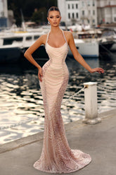 Pink Prom Dress Mermaid Halter Strapless Sleeveless Beaded Pearls Formal Dress With Detachable Train