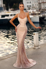 Pink Prom Dress Mermaid Halter Strapless Sleeveless Beaded Pearls Formal Dress With Detachable Train