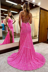 Pink Prom Dress Mermaid Sequined Long Evening Dress with Slit