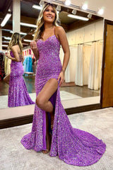 Pink Prom Dress Mermaid Sequined Long Evening Dress with Slit