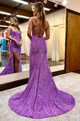 Pink Prom Dress Mermaid Sequined Long Evening Dress with Slit
