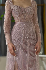 Pink Prom Dress Mermaid Square Sequined Sleeves Detachable Tulle Sweep Train Satin Formal Dress With Slit