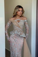 Pink Prom Dress Mermaid Strapless Off The Shoulder Beaded Sleeves Panel Train Satin Tulle Formal Dress