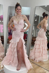 Pink Prom Dress Mermaid Sweetheart Halter Spaghetti Strap Sleeveless Lace Tulle Slit Formal Dress