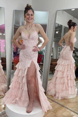 Pink Prom Dress Mermaid Sweetheart Halter Spaghetti Strap Sleeveless Lace Tulle Slit Formal Dress
