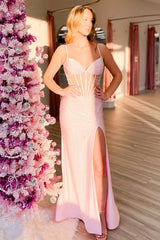 Pink Prom Dress Sequins Corset Lace Mermaid Long Formal Dress With Slit