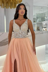 Pink Prom Dress Spaghetti Strap V Neck A Line Beaded Sleeveless Slit Tulle Formal Dress With Rhinestone