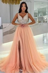 Pink Prom Dress Spaghetti Strap V Neck A Line Beaded Sleeveless Slit Tulle Formal Dress With Rhinestone