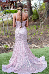 Pink Spaghetti Straps Mermaid Prom Dress Sleeveless Sequined Evening Dress