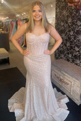 Pink Spaghetti Straps Mermaid Prom Dress Sleeveless Sequined Evening Dress