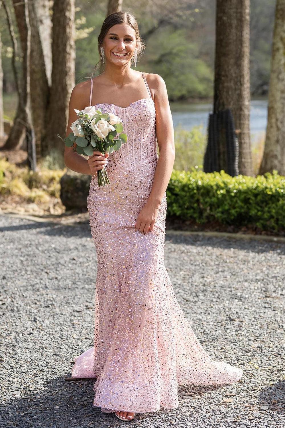 Pink Spaghetti Straps Mermaid Prom Dress Sleeveless Sequined Evening Dress