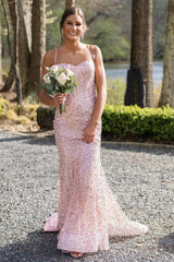 Pink Spaghetti Straps Mermaid Prom Dress Sleeveless Sequined Evening Dress