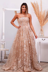 Pink Prom Dress Strapless A Line Sleeveless Beaded Lace Up Tulle Formal Dress With Appliques