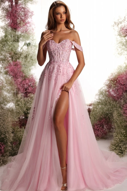 Pink Prom Dress Sweetheart Off The Shoulder A Line Sleeveless Slit Tulle Formal Dress With Appliques
