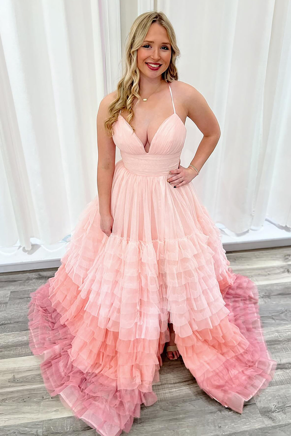 Pink Prom Dress Tiered Ruched Spaghetti Straps A Line Long Formal Dress With Slit