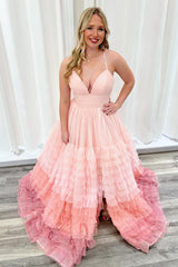 Pink Prom Dress Tiered Ruched Spaghetti Straps A Line Long Formal Dress With Slit