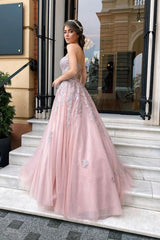 Pink Prom Dress Tulle Lace Long Evening Dress