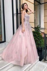 Pink Prom Dress Tulle Lace Long Evening Dress