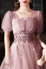 Pink Prom Dress Tulle Sequin Short Formal Evening Dress
